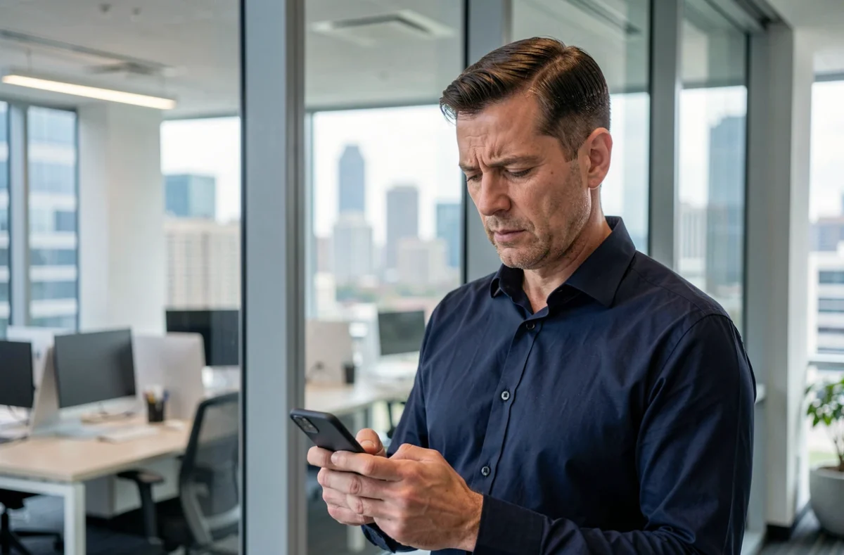 Homme consultant son smartphone dans un bureau pour vérifier ses informations personnelles en ligne