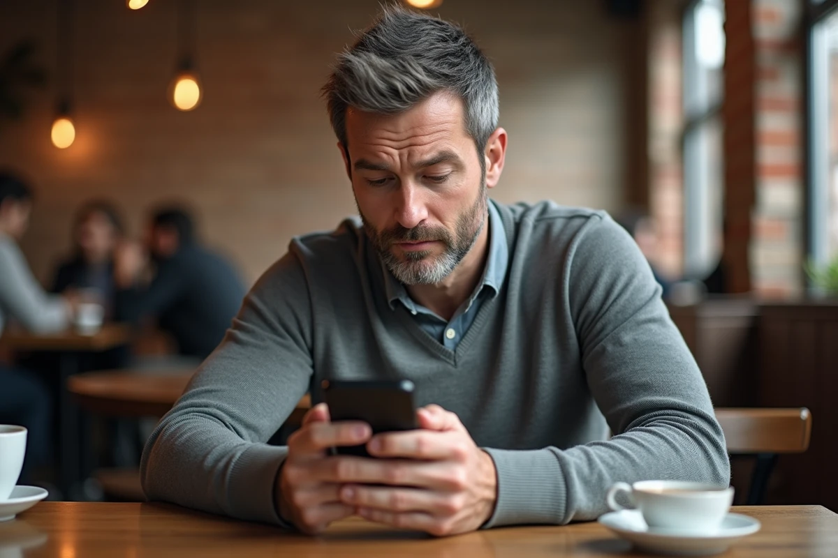 Homme consultant son téléphone dans un café pour identifier l'origine d'un appel entrant avec l'indicatif pays 234