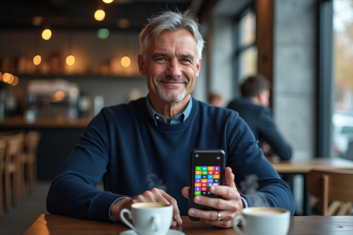 Homme au café consultant une application de jeu de mots sur smartphone, pratique quotidienne du Sutom pendant une pause matinale