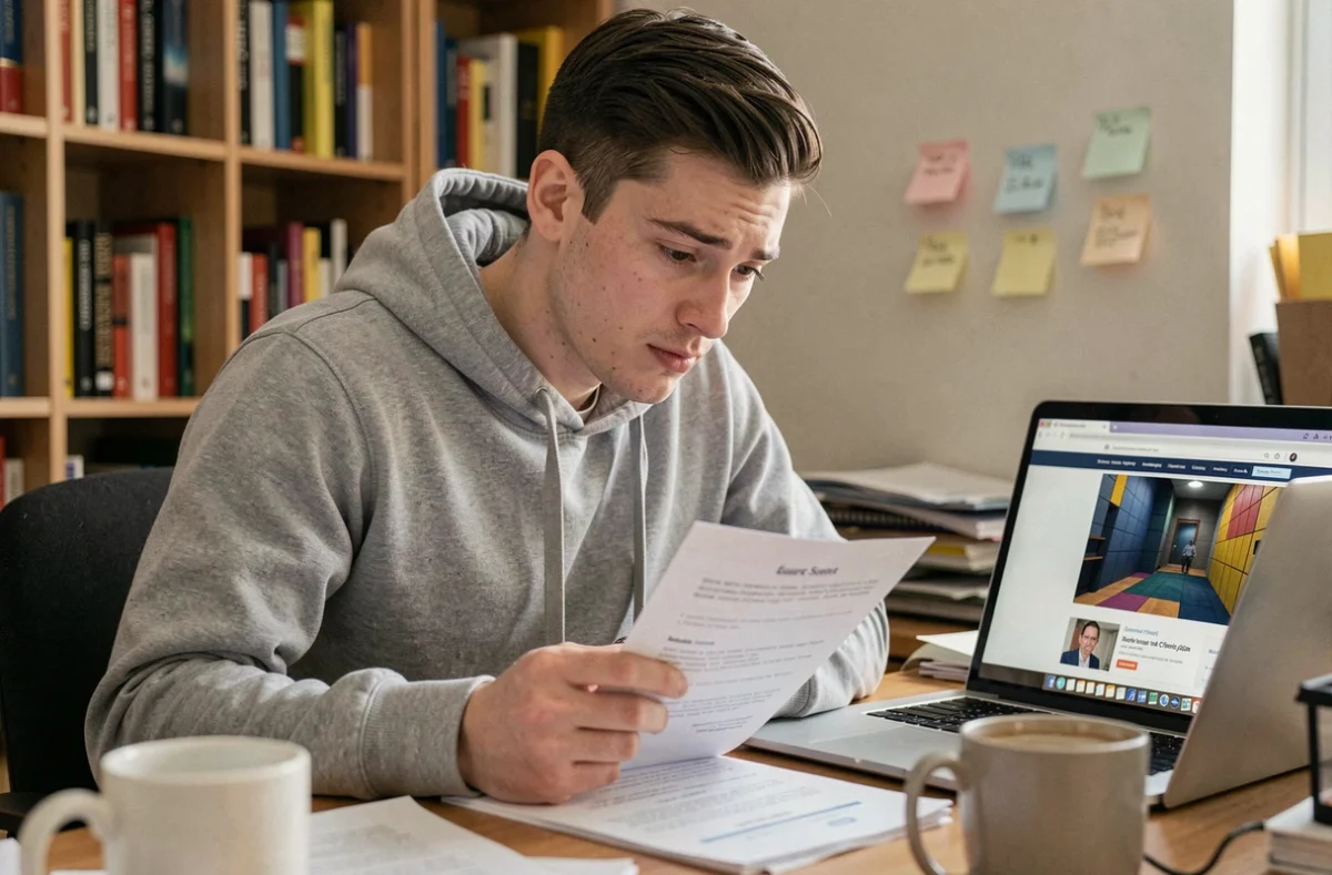 Jeune homme consultant discrètement une solution d'escape game sur son ordinateur portable à son bureau à domicile