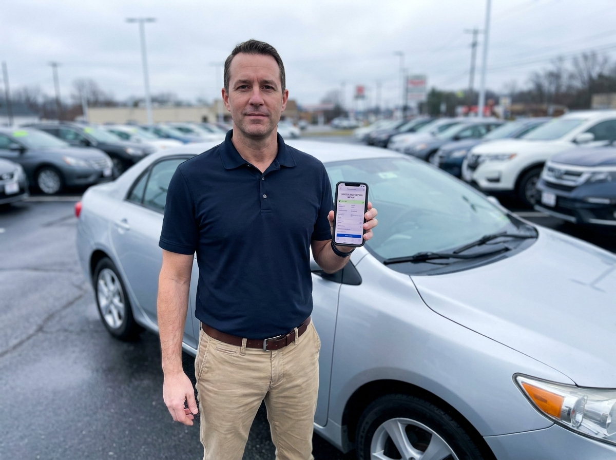 Homme consultant un rapport d'inspection de voiture d'occasion sur son smartphone dans un parking de concessionnaire