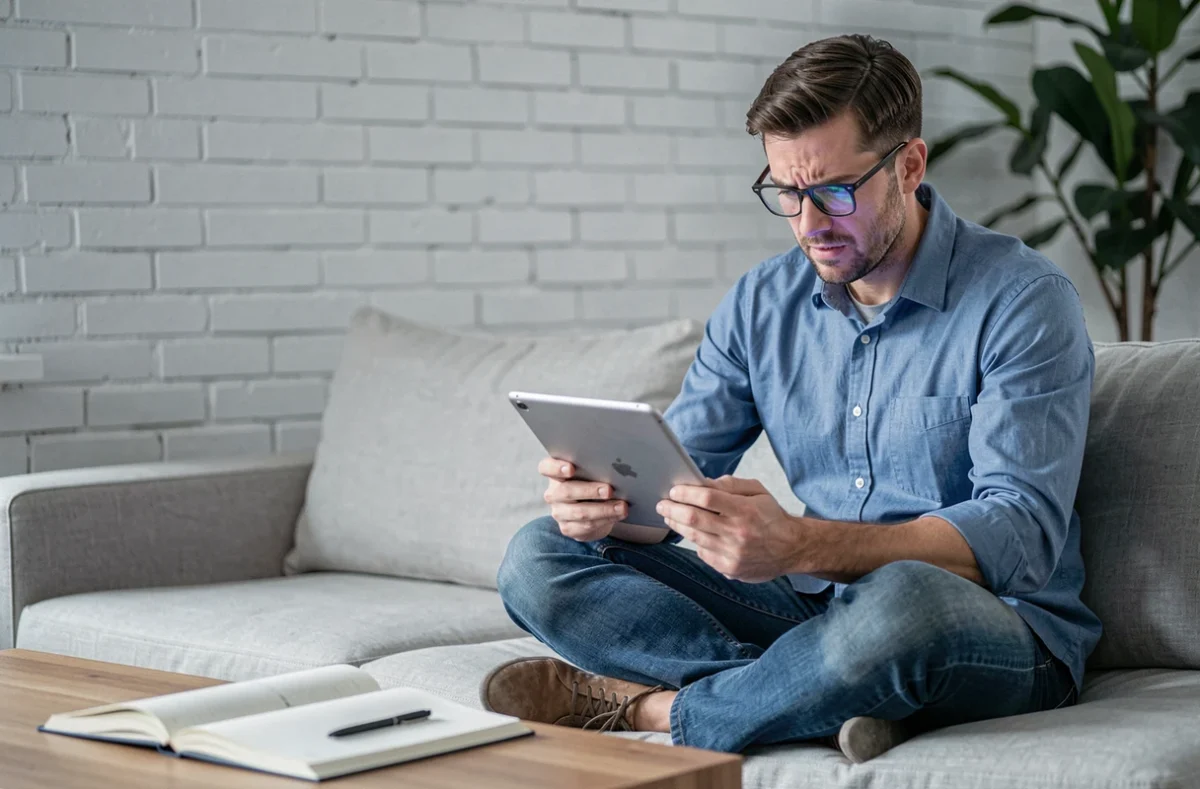 Homme avec lunettes jouant à un jeu de mots sur tablette dans un salon moderne, astuce Pédantix pour ne pas rater une page