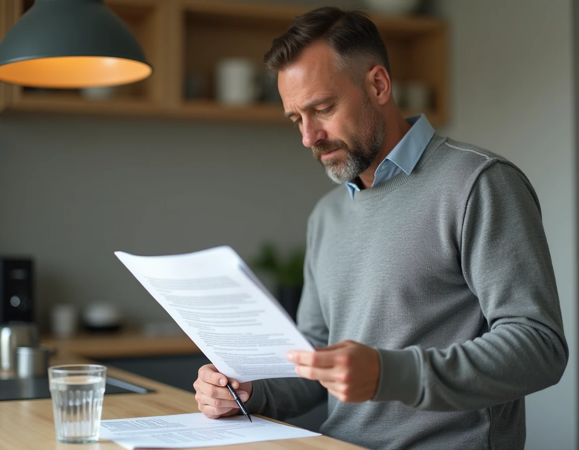 Homme lisant attentivement un contrat avant de rédiger une lettre de résiliation avec motif légitime
