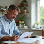 Homme d'âge moyen examinant documents fiscaux à la maison