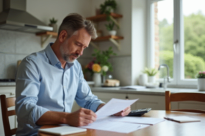Homme d'âge moyen examinant documents fiscaux à la maison