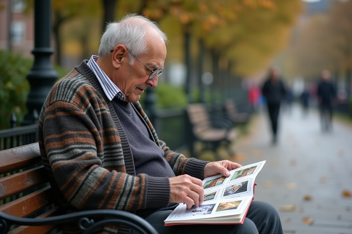 Homme âgé consulte un livre et arrange des photos dans un parc urbain