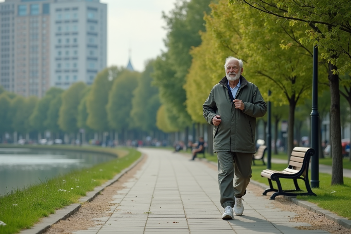 Homme senior marchant le long d