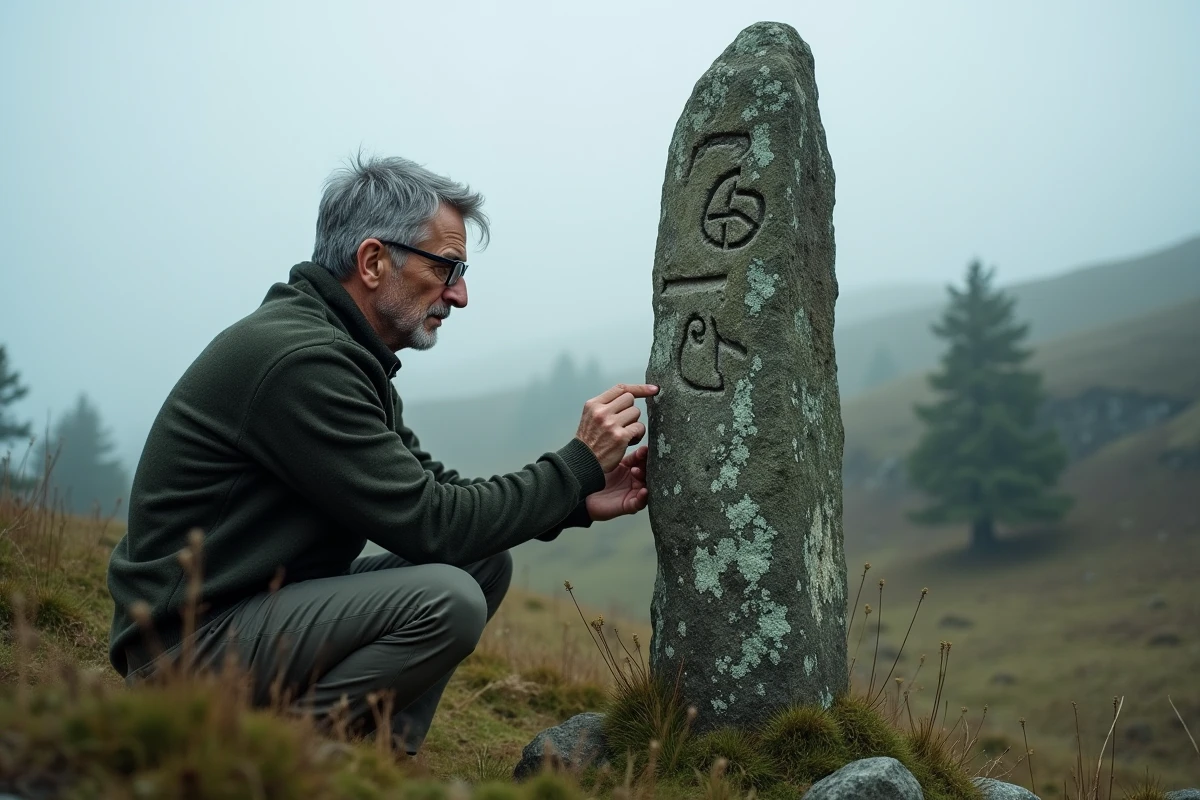 Homme examinant des runes anciennes gravées sur une pierre levée en pleine campagne sous un ciel brumeux