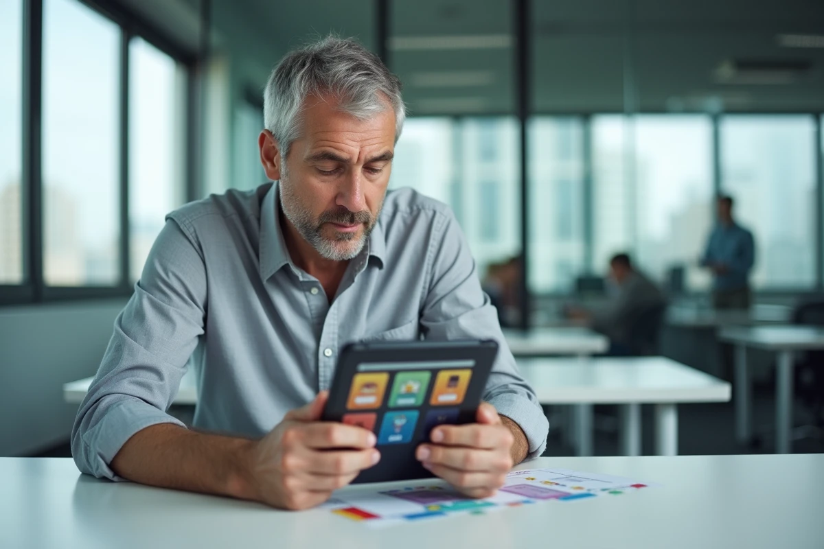 Homme résolvant un puzzle de mots de 7 ou 8 lettres sur tablette au bureau