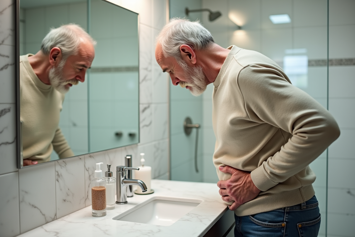 Homme âgé regardant dans le miroir dans la salle de bain
