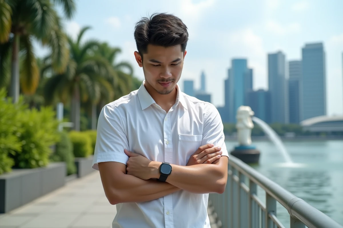 Homme à Singapour vérifiant sa montre au bord de la baie