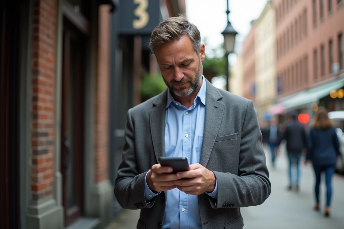 Homme d age moyen utilisant son smartphone devant un café urbain