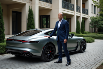 Homme en costume navy ferme la porte d'une voiture de luxe