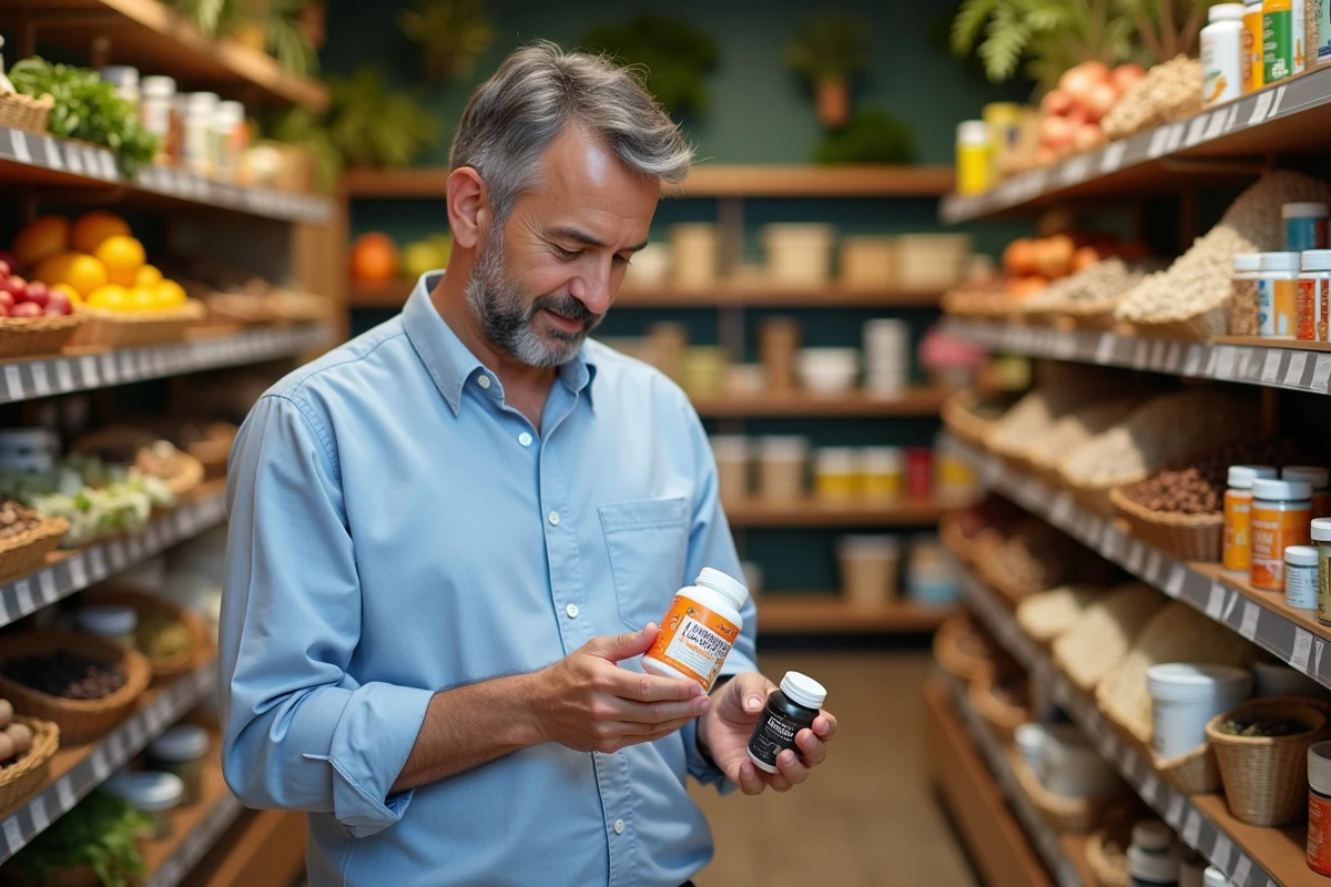 Homme lisant une bouteille de compléments dans un magasin bio