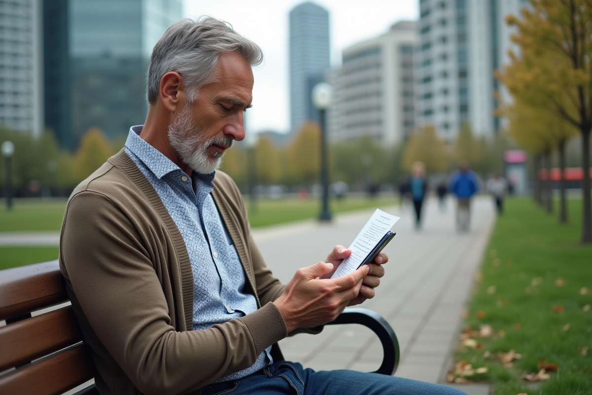 Homme traduit un document sur smartphone dans un parc urbain