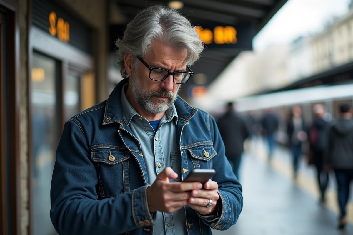 Homme en denim utilisant son smartphone dans une station
