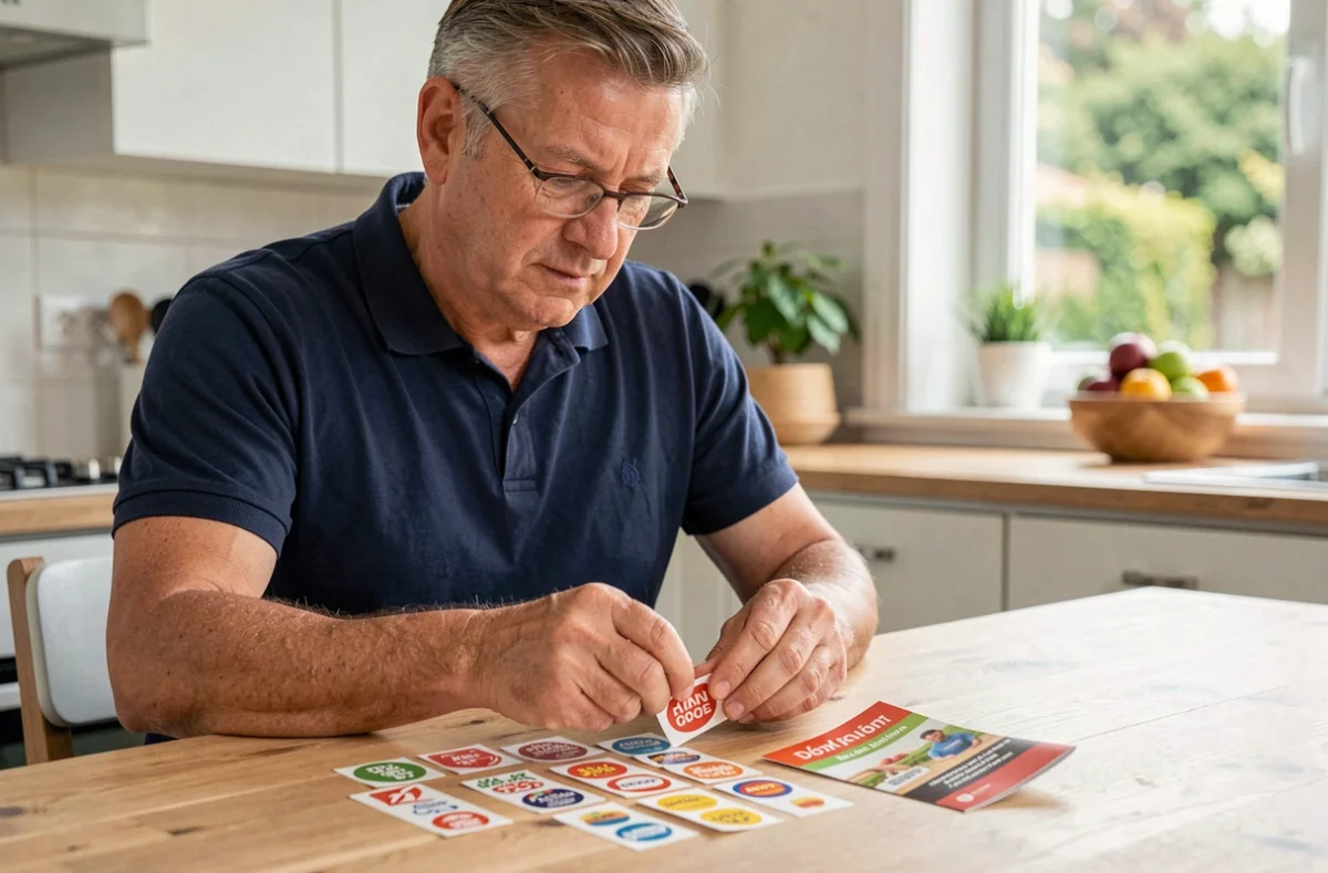 Homme triant ses vignettes de fidélité Intermarché à la maison avant la date d'expiration 2026, assis à une table de cuisine