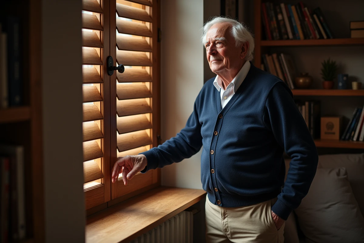 Homme âgé touchant un volet roulant en bois traditionnel intérieur