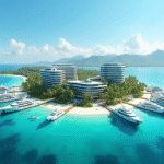 Île tropicale luxueuse avec bâtiments modernes et yachts