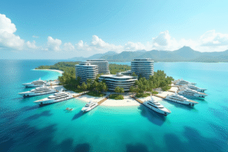 Île tropicale luxueuse avec bâtiments modernes et yachts