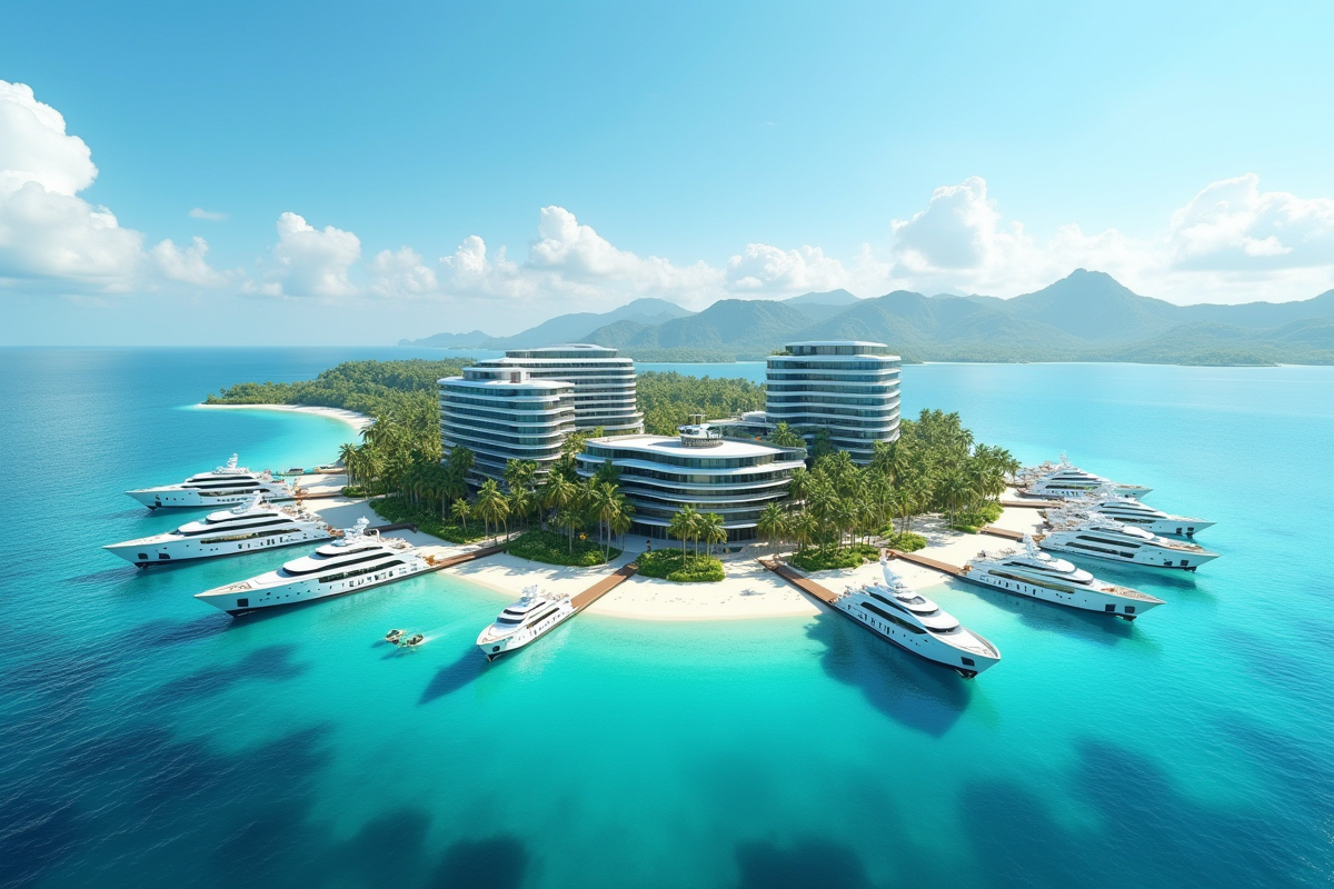Île tropicale luxueuse avec bâtiments modernes et yachts