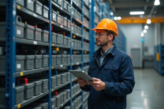 Ingénieur homme dans une installation de batteries industrielles
