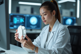 Jeune ingénieure aérospatiale examinant un satellite 3D