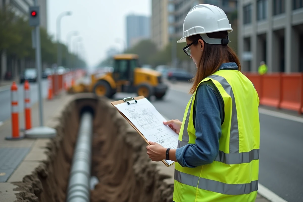 Ingénieure municipale supervisant des travaux de séparation des réseaux d'eaux usées et pluviales en milieu urbain