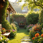 Jardin cosy avec plantes vertes et fleurs colorées
