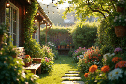 Jardin cosy avec plantes vertes et fleurs colorées