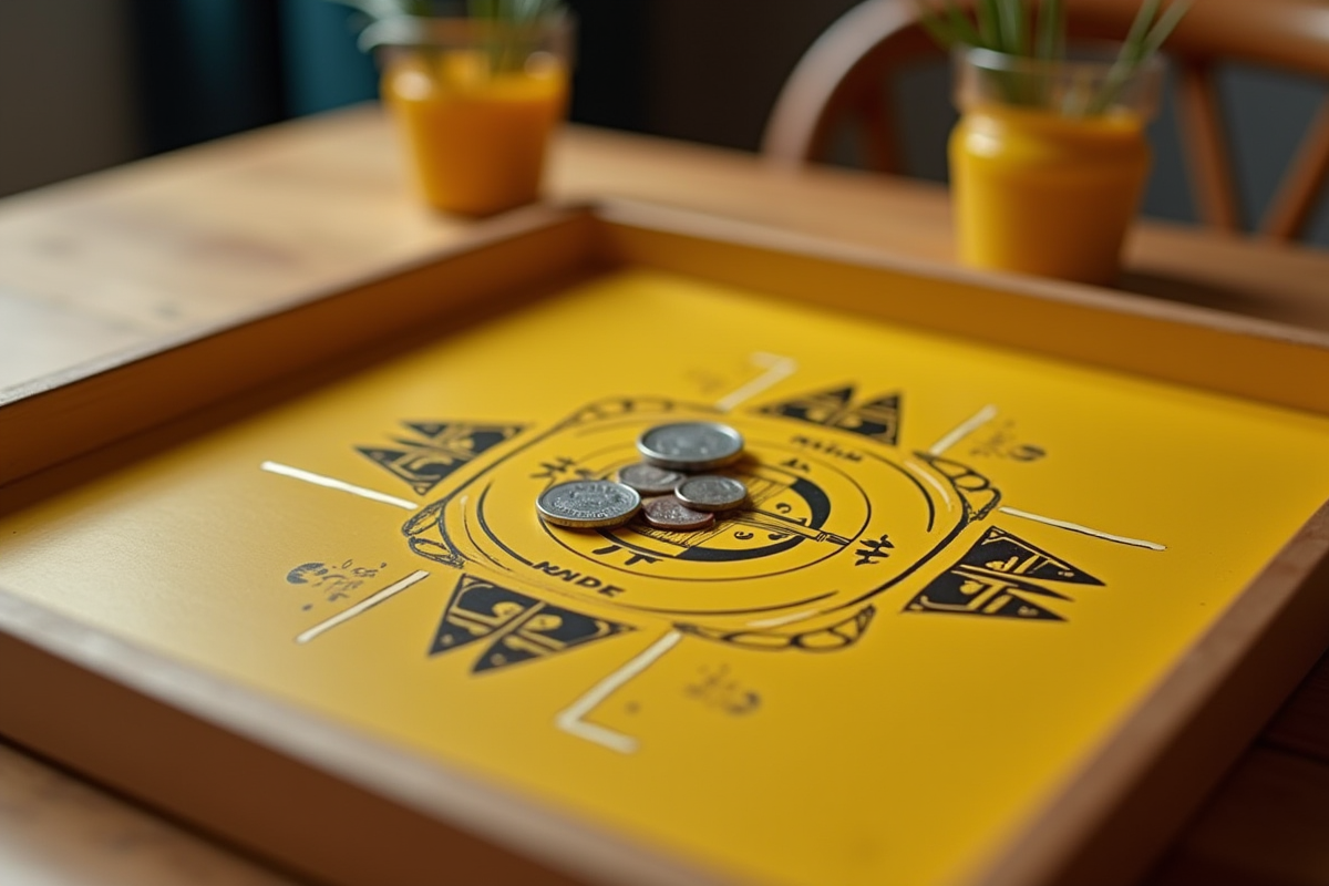 Détail du jeu nain jaune avec cartes et jetons vintage