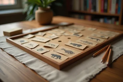 Jeu du pendu en bois avec des cartes de mots sur le thème des animaux posées sur une table en chêne rustique