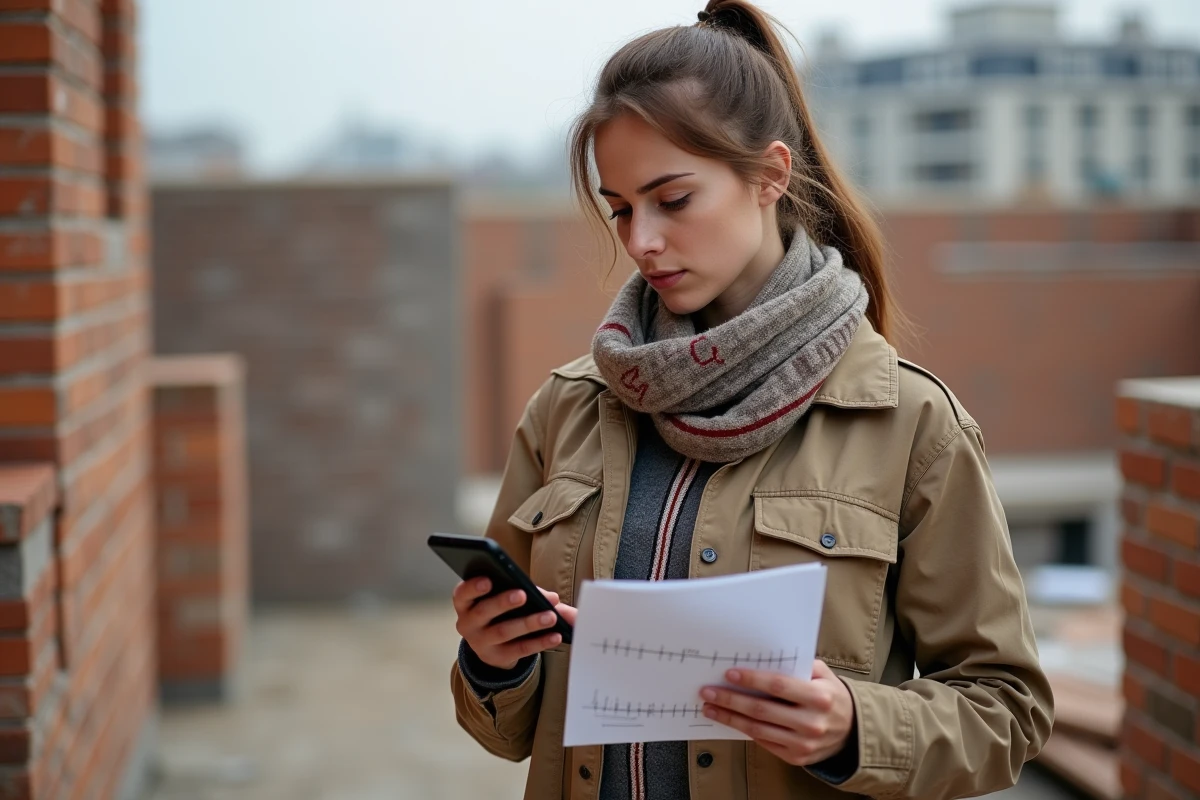 Jeune femme artisan vérifie ses notes sur un site de rénovation