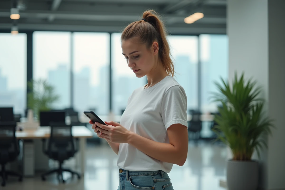 Jeune femme en bureau moderne vérifiant sur son smartphone à quel pays correspond l'indicatif téléphonique 234