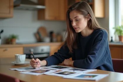 Jeune femme en jeans et pull étudie des photos dans une cuisine lumineuse