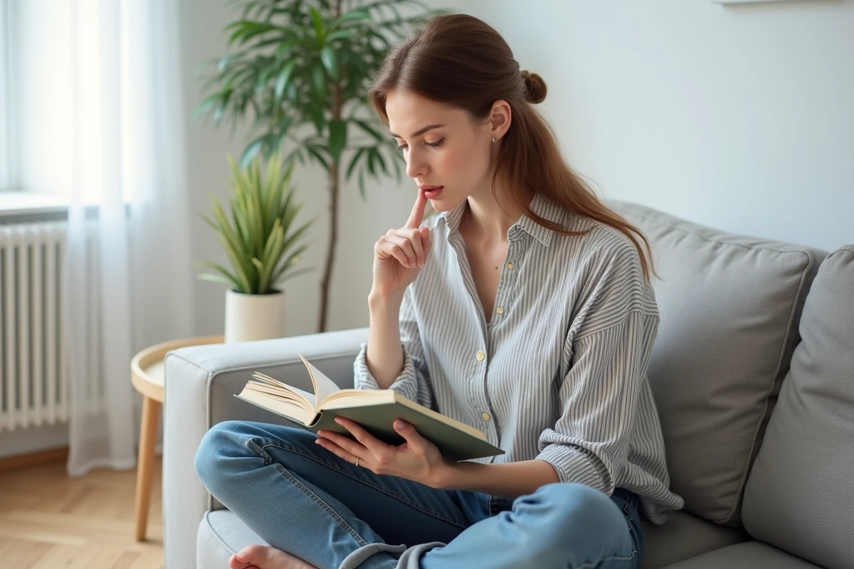 Jeune femme assise sur un canapé lisant un guide de grammaire française et pointant une règle orthographique du doigt