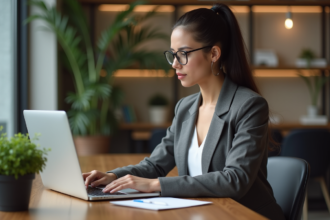 Jeune femme en coworking travaillant sur son ordinateur portable