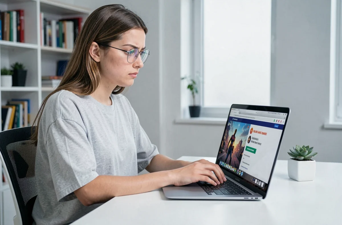 Jeune femme vérifiant la sécurité d'un site de codes Brawl Stars sur son ordinateur portable