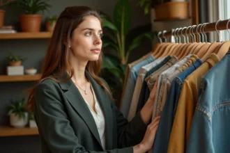 Jeune femme dans une boutique vintage en train de choisir des vêtements