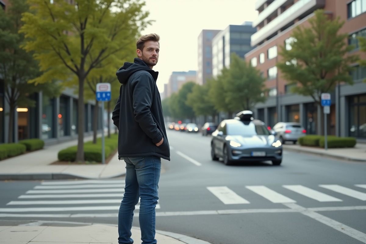 Jeune homme regarde une voiture autonome approcher