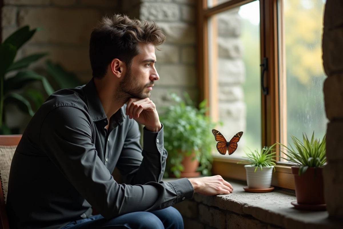 Jeune homme contemplant papillon près de la fenêtre
