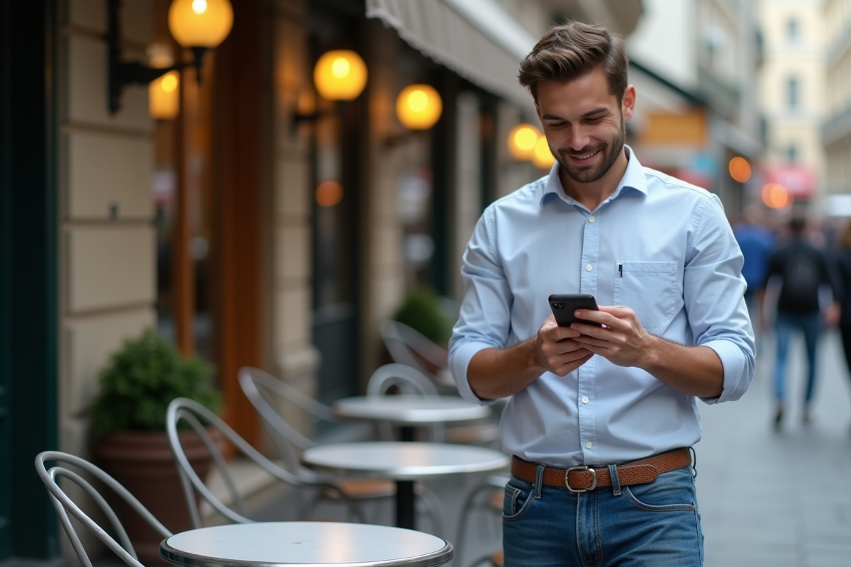 Jeune homme français utilisant son smartphone au café