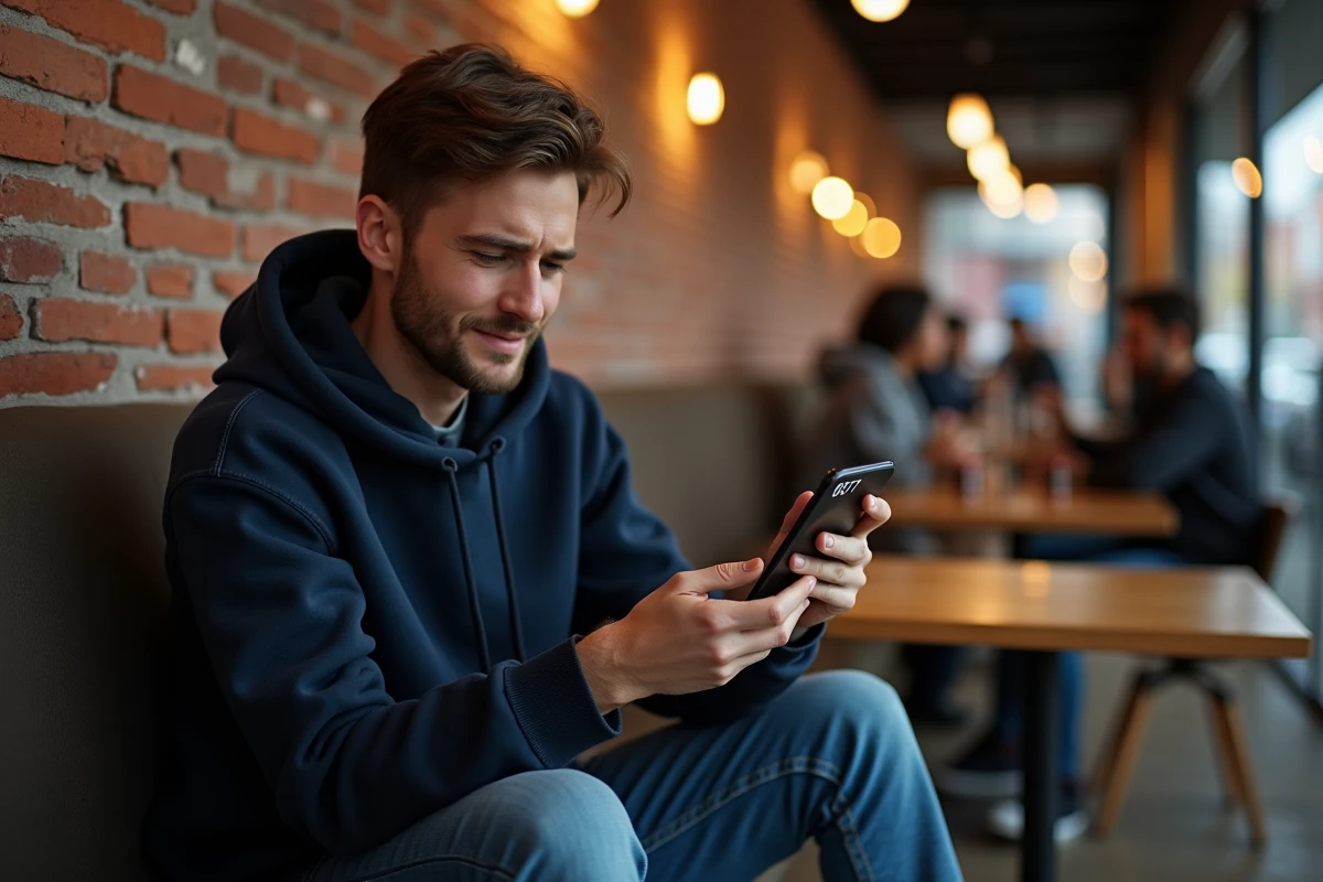 Jeune homme au café regardant son téléphone avec appel 0377