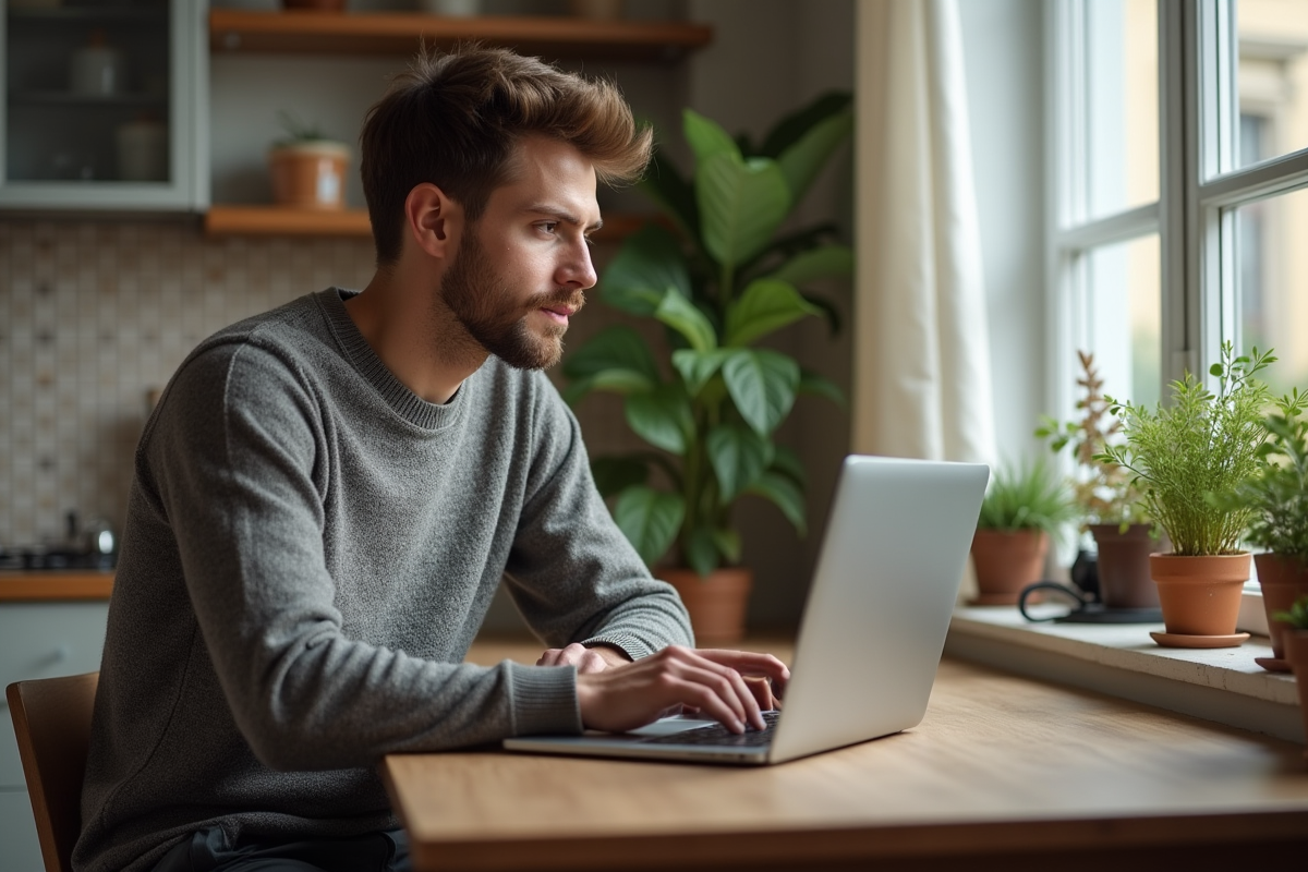 Jeune homme discutant de prêt dans une cuisine chaleureuse