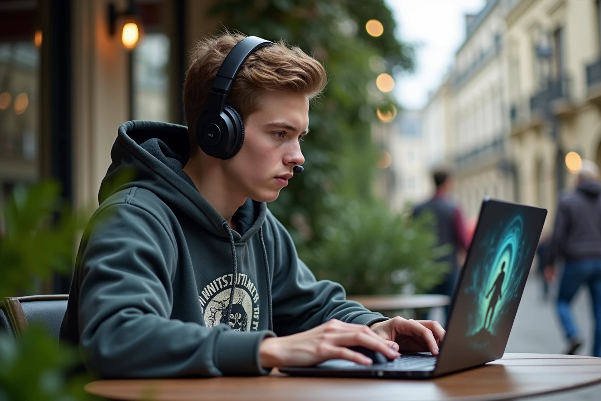 Jeune homme concentré jouant en extérieur avec son ordinateur portable