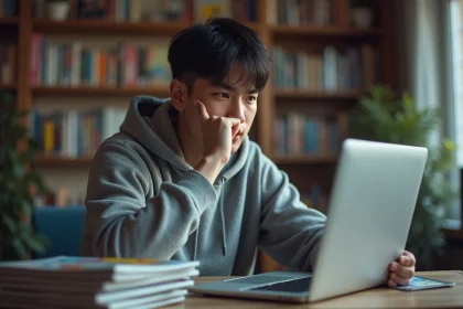 Jeune homme en hoodie avec manga sur un bureau