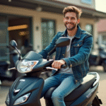 Jeune homme souriant à côté d'une moto 50cc en extérieur