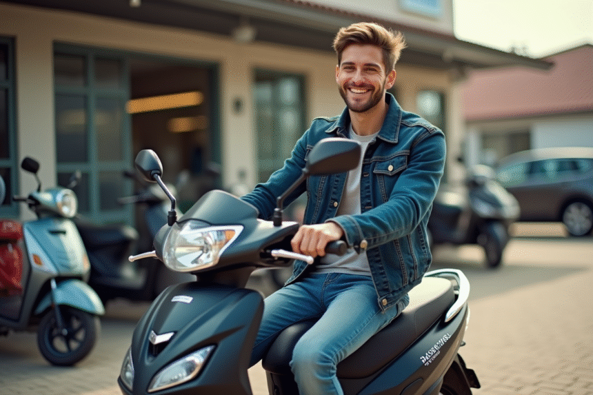 Jeune homme souriant à côté d'une moto 50cc en extérieur