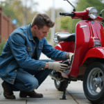 Jeune homme nettoyant un scooter rouge en extérieur