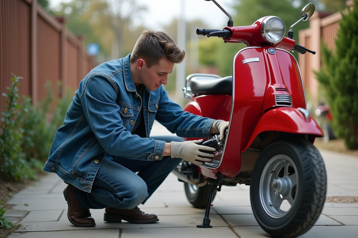 Jeune homme nettoyant un scooter rouge en extérieur